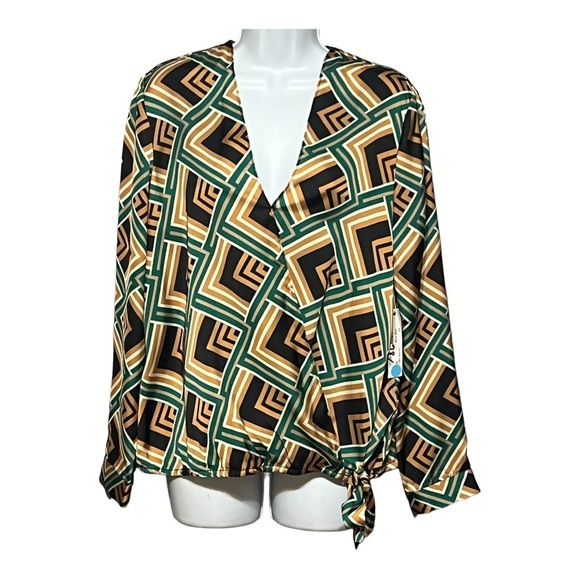 Drew Vienna Blouse Abstract Green Geometric Lightweight Relaxed Fit Wrap Tie Top - Picture 1 of 9